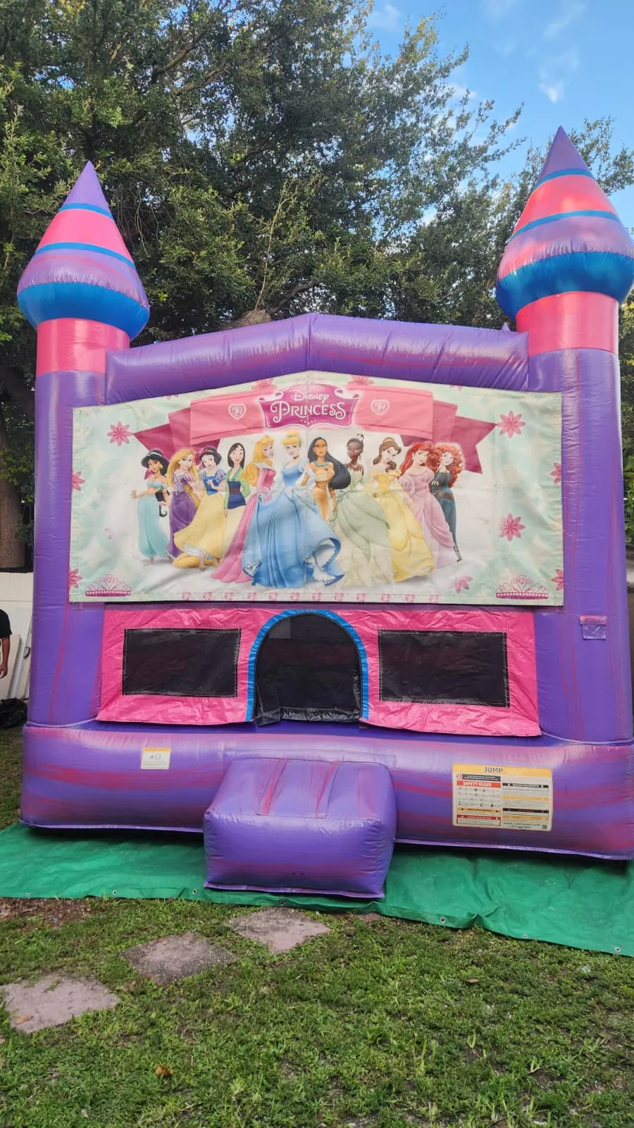 Brincolín con tema de princesas Disney montado en un patio